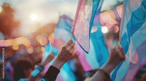 Obraz Hands proudly holding the transgender flag at a public event, representing solidarity and LGBTQ rights
