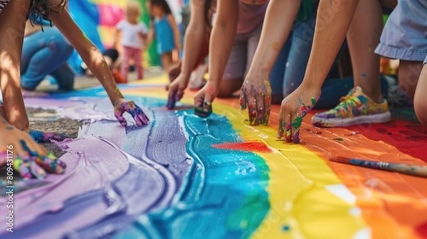 Obraz Youth community art project with children painting a colorful mural using hands and brushes on canvas
