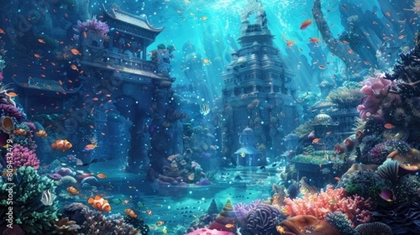 Fototapeta Underwater ruins of an ancient city overgrown with corals and inhabited by schools of colorful fish.