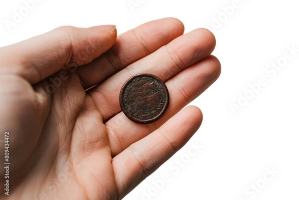 Fototapeta A hand placing a small magnet on a pile of money, causing the bills and coins to jump up and attach themselves to the magnet, realistic photos on a white background