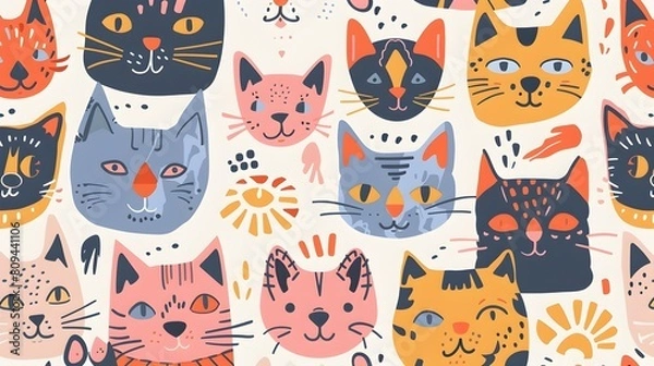 Fototapeta Vibrant Vintage of Playful and Whimsical Cats in Abstract Geometric Patterns