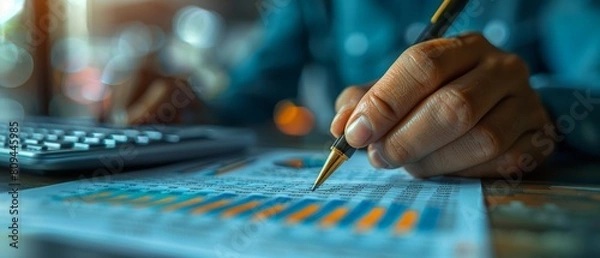 Fototapeta Hand Analyzing Financial Report with Pen and Calculator.