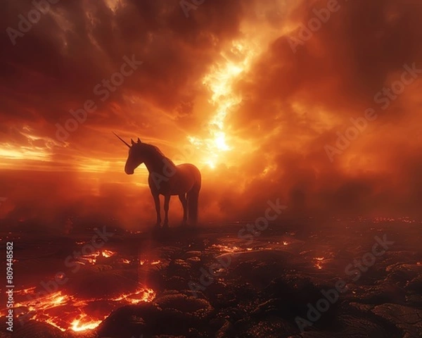 Fototapeta A dark unicorn stands on a lava field as a volcano erupts in the background.