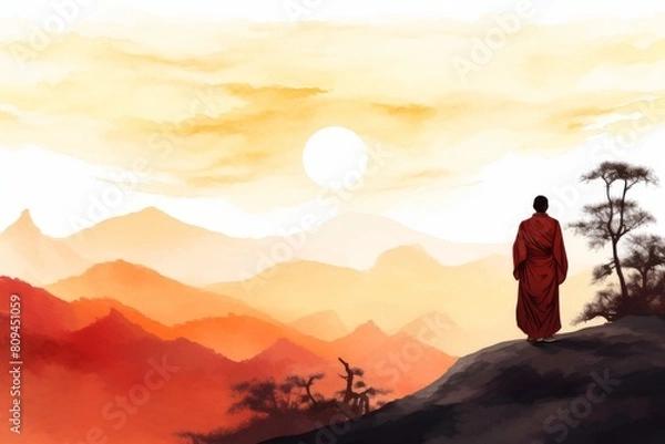 Fototapeta A lone monk in saffron robes, watercolor backdrop of a Himalayan sunrise behind his silhouette, cartoon watercolors, soft color