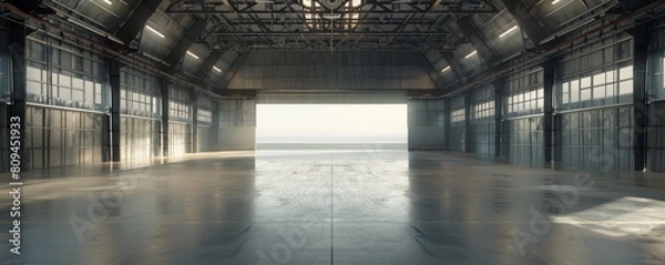 Fototapeta Spacious modern hangar interior with open gates