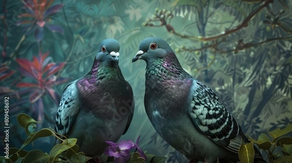 Fototapeta Portrait of a couple of pigeons in their natural habitat