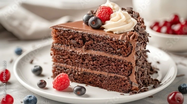 Fototapeta   A plate holds a slice of chocolate cake topped with chocolate frosting and fresh berries Behind it, a steaming mug of coffee rests in the backdrop