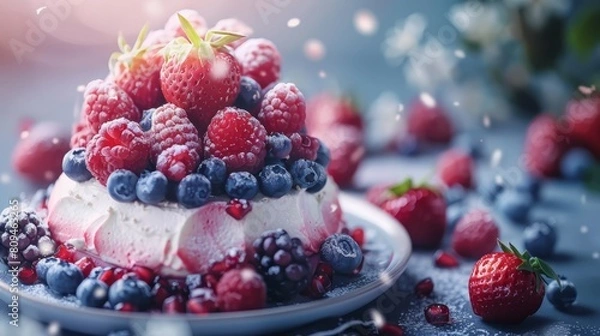 Fototapeta   A tight shot of a cake on a plate, adorned with berries and blueberries Background softly blurred
