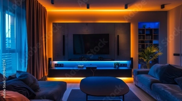 Fototapeta This contemporary home theater room is designed with dynamic ambient lighting in blue and orange hues, creating a captivating and immersive entertainment experience.