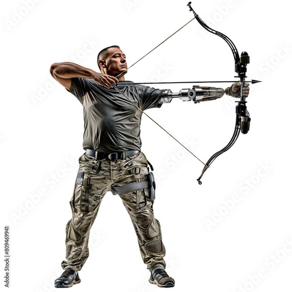 Fototapeta A disabled athlete with a prosthetic arm holding bow on transparent background. Para archery. Paralympic and parasport concept. Full body view for set, poster, element for design 