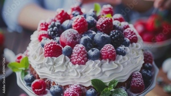 Fototapeta   A cake topped with raspberries and blueberries on a platter