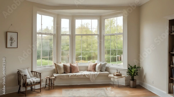 Fototapeta modern luxury empty room with sofa, pillow, big window and chair. selective focus