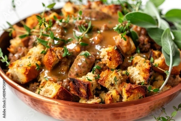 Fototapeta Buttery Bread Cubes Soaking up Savory Essence in Air Fryer Sausage Stuffing