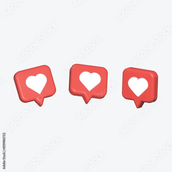 Fototapeta 3d Heart textbox, heart icon, love social media notification, love icon for social media on the chat box. Set Like heart icon on a red pin. Set of heart in speech bubble icon. 3d vector illustration
