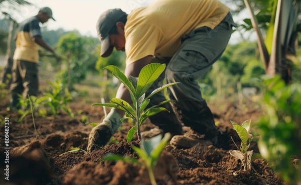 Fototapeta Conservation efforts such as tree planting or habitat restoration in a wildlife sanctuary. 