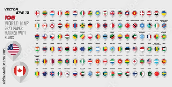 Fototapeta 108 Map gray paper marker with flags. Big set, Map world with 108 flags. Vector illustration 10eps