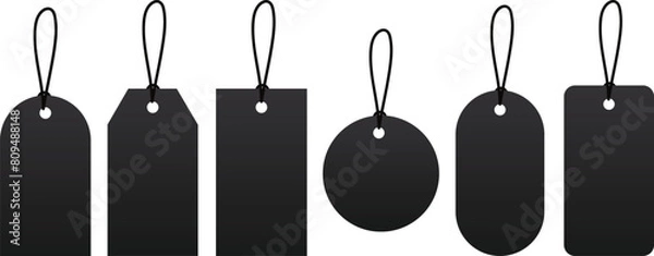 Fototapeta Blank black paper price tags or gift tags of various shapes. Discount tags icon shapes of various shapes with rope for store