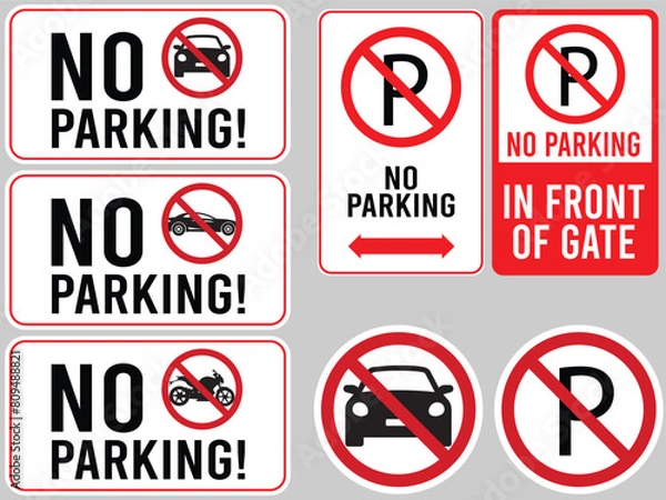 Fototapeta No Parking sign collection vector illustration no parking in front of gate warning sign. Safety signs and symbols.