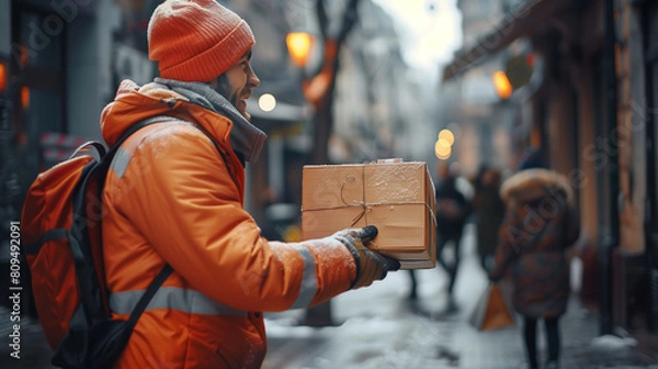 Fototapeta Delivery worker's dedication shines through as they hand over the parcel to the awaiting recipient