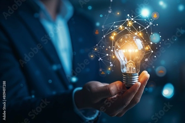 Fototapeta Businessman holding creative light bulb with growth graph and banking icon. Financial innovation technology develops new products and services that enhance success and profit , AI generated