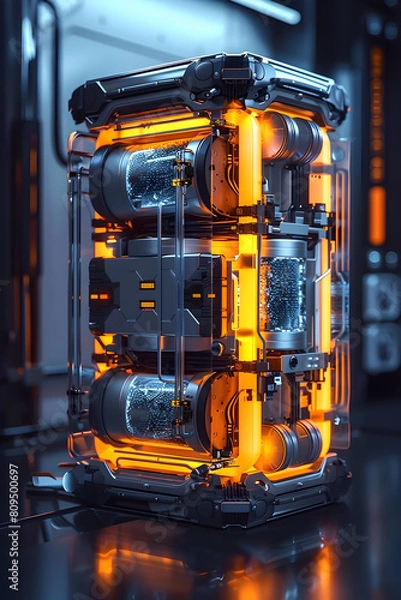 Fototapeta Innovative Lithium-Sulfur and Sodium-Ion Battery Pack with Detailed Technical Cross-Section in Muted Tones