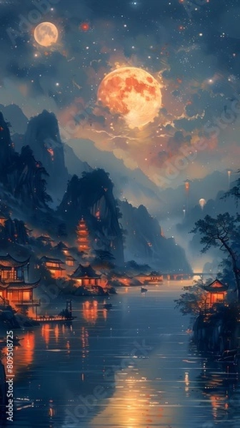 Fototapeta Night view of ancient Chinese village and river at night with full moon