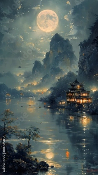Obraz Night view of ancient Chinese village and river at night with full moon