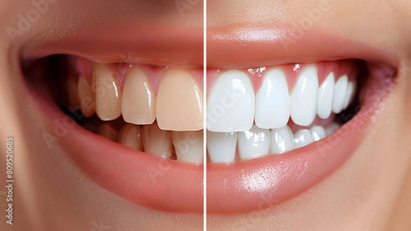 Obraz 歯のホワイトニング治療の前後の結果を示す拡大分割画像。 左側は汚れた黄色の歯、右側は明るい白い歯