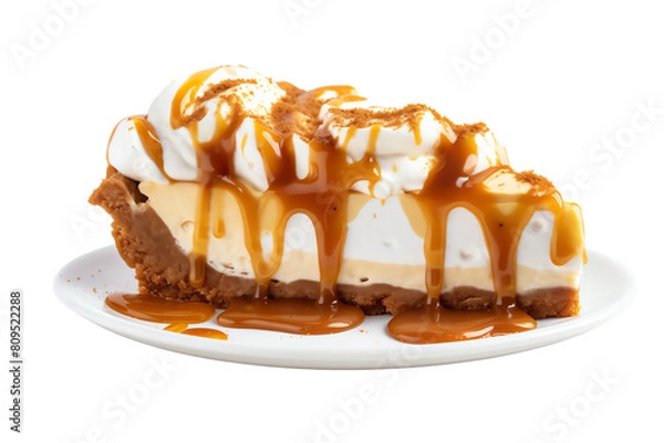 Fototapeta Decadent and delicious, this cheesecake is made with a graham cracker crust, a creamy cheesecake filling, and a rich caramel topping, transparent background