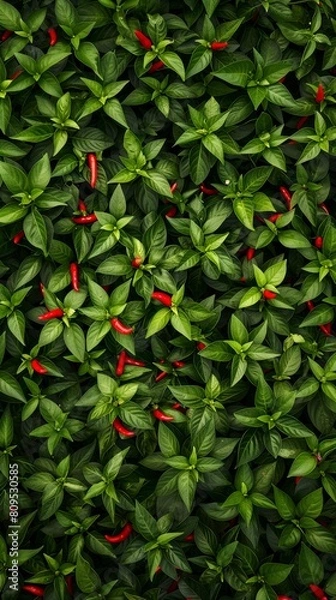 Fototapeta Lush green basil leaves with scattered red chili peppers