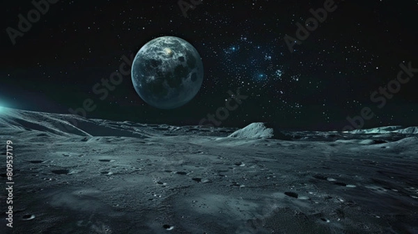 Obraz Breathtaking view of the Earth rising over a desolate lunar landscape, featuring a stark, cratered moon surface under a dense starry sky.