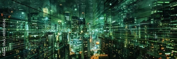 Fototapeta a bustling cityscape featuring towering skyscrapers, a bustling street, and a mix of modern and traditional architecture