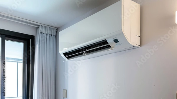 Fototapeta In a brightly lit room, an air conditioner hangs on the wall, effectively cooling the space