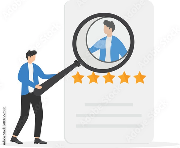 Fototapeta Searching employee. Head hunting, digital interview resume checklist on clipboard, man use magnifier glass searching best employee from CV card. Worker HR search concept
