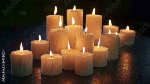 Fototapeta An arrangement of white burning candles on dark background beautiful candles background 