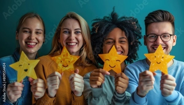 Fototapeta A group of delighted clients sharing testimonials, their expressions capturing genuine appreciation and approval.