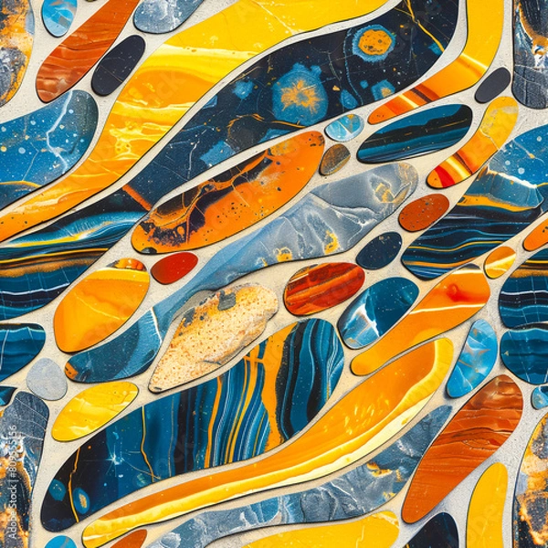 Obraz Seamless pattern of yellow, orange and blue striped river stones.