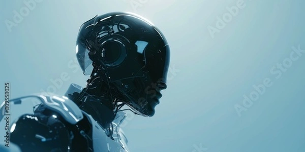 Obraz A robot with a head and a body made of metal. The robot is standing in front of a blue wall