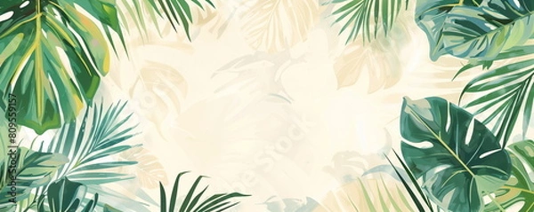 Fototapeta A frame border made of tropical leaves illustrations such as monstera and palm trees on a light yellow background. Summer background. Center copy space.  Generative AI