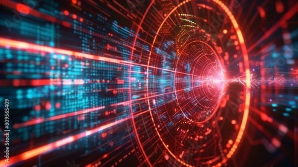 Fototapeta Quantum key distribution technology, glowing red blue tunnel of quantum key distribution technology, strength force impact collision explosion