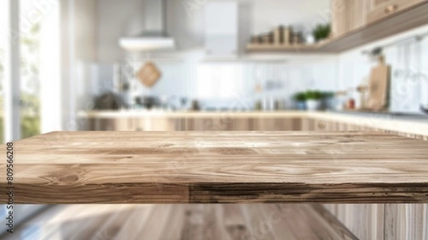 Fototapeta Empty beautiful wood table top counter and blur bokeh modern kitchen interior background