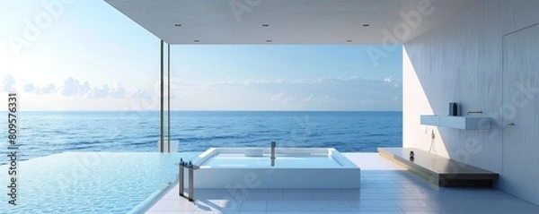 Fototapeta Elegance and luxury define this spacious bathroom overlooking an expansive ocean at dusk.copy space for text.