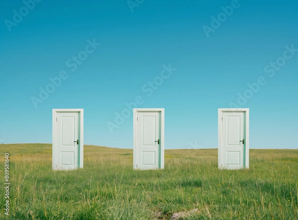 Fototapeta Three white doors standing upright in an open grassy field under a clear blue sky.