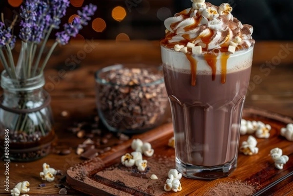 Obraz Cocoa Drink, Natural Cold Coffee with Whipped Cream and Caramel Popcorn, Cacao Milkshake