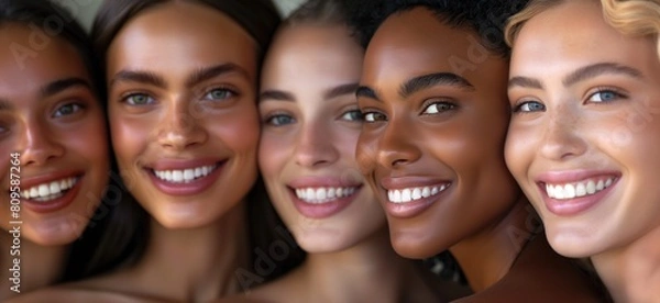 Fototapeta Close up cheerful model looking diverse women with perfect skincare and teeth with toothy smile as inclusion and acceptance concept
