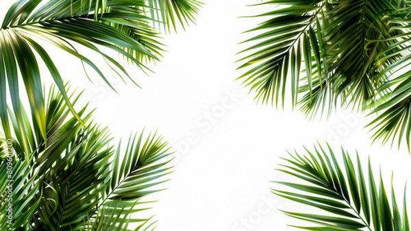 Fototapeta Palm Leaves Border.  Generated Image.  A digital rendering of palm tree leaves bordering a white background.