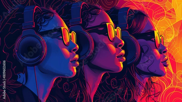 Fototapeta Abstract illustration of three women in profile, each wearing headphones and sunglasses