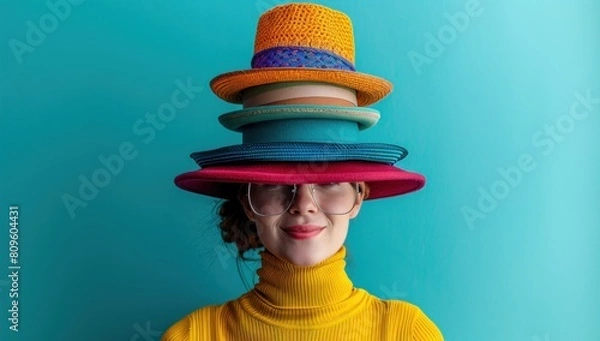 Fototapeta A customer attempts to balance a variety of hats on their head, each one representing a different role they play in their daily life, from parent to professional to party animal.