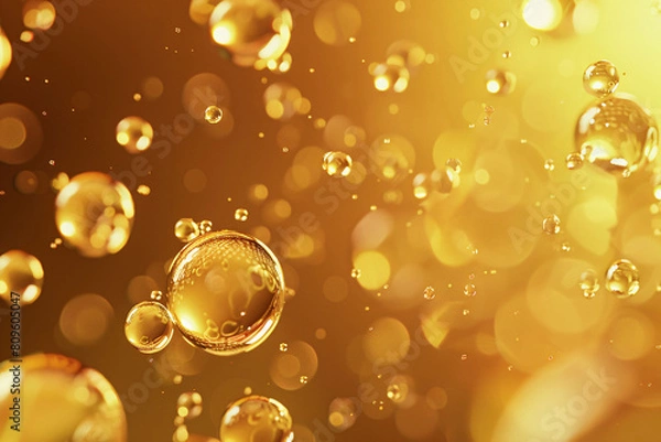 Fototapeta Bubbles on golden water as abstract background, 3d illustration of abstract golden background with water drops and bubbles