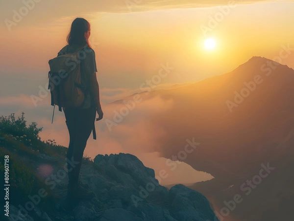 Fototapeta Back view of young hipster girl with backpack enjoying the sunset on a misty mountain peak, embracing the freedom of nature.